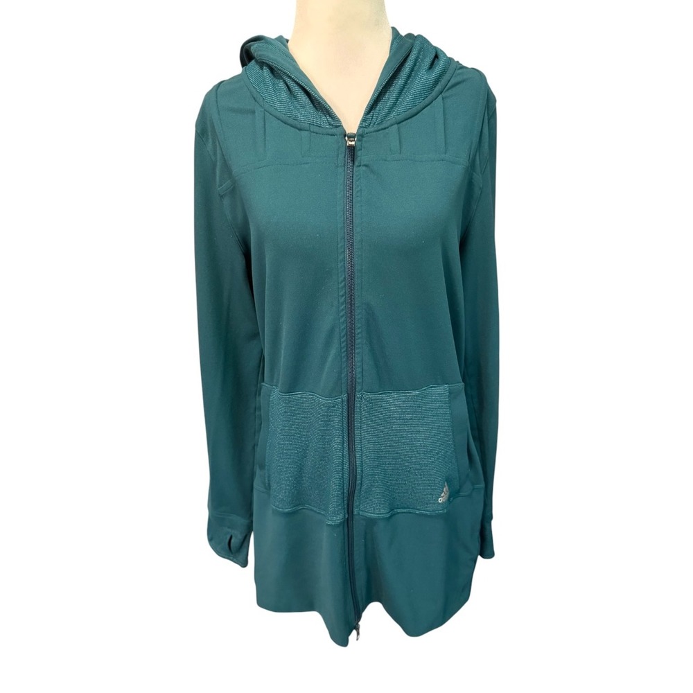 Adidas Womens Full Zip Longline Hoodie Teal Green Activewear Size L Thumbholes